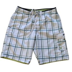 Speedo Swim Trunks Man Medium White Blue Green Plaid Boardshorts Mesh Lined Pool